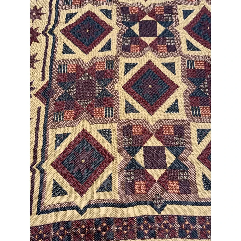 Vintage American Weavers Tapestry Star Patchwork Quilt Design Fringe Blanket